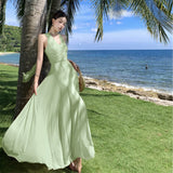 Plataz Fragmented Hanging Neck Dress Spring And Summer Holiday Wind Pure Lusty Folding V-Neck Net Yarn Long Dress Girl
