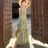 Plataz A Sense Of Seaside Vacation Wearing A Picture Of Bohemian Print Chiffon Sling Dress With A Thin Dress