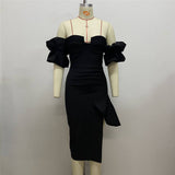 Plataz Women's Sexy Breasts Deep V Bandaged Skirts Shoulder Lantern Sleeve Open Party Dress Dress