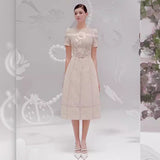 Plataz 2025 Three-Dimensional Flower Embroidered Hollow Dress Round Collar Short-Sleeved Relief Dress