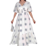 Plataz Women's Summer Fashion Vcollar Bubble Sleeve High-Waist Print Splicing Body Dress