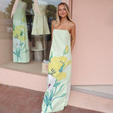 Plataz 2025 New Solid Color Slingless Sleeveless Square Collar Open-Back Fork Dress