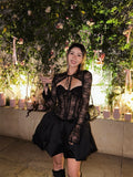 Plataz Autumn And Winter Series Lead Lace Long-Sleeved Black Lace Shoulder-Puff Mini Dress Beauty