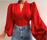 Plataz Explosion Spring New Temperament Button V Collar Lantern Sleeve T-Shirt DJPT