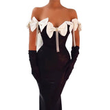 Plataz One-Word Shoulder Bow Tuxedo Diamond Bandage Croak Party Long Dress Dress Skirt