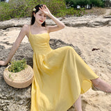 Plataz Yellow Bareback Strap Sling Sexy Dress Seaside Holiday Dress Waist And Ankle Beach Dress
