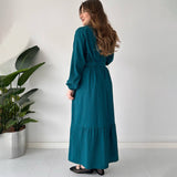 Plataz 2025 New Solid Color POLO Collar Long Sleeve Multi-Button Belt Dress