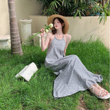 Plataz Retro Hanging Neck Stripe Sling Dress Women Summer Sexy Bare Back Strap Long Skirt Loose A Word Skirt