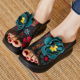 Plataz Of The Pig Skin National Wind Flower Print Big Flower Summer Retro Hollow Fish Mouth National Wind Drag High Quality Shoes
