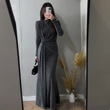 Plataz Sexy Fashion Round Collar Folds To The Waist To Repair The Solid Color Temperament Dress