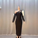 Plataz Black Shoulder Hollow White Flower Long Sleeve Long Bandat Party Evening Dress