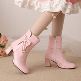 Plataz Size Women's Shoes Bows Coarse And Short Boots Women's Korean Version Of High Heel Boots High Quality Shoes