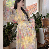 Plataz Court Lantern Sleeve Yellow Print Dress Photo Long Dress Bohemian Beach Dress Women's Summer