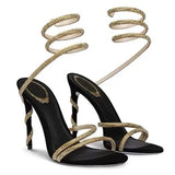 Plataz Drill Snake-Shaped Winding Belt Hollow Thin Heel Sandals Women Feel Toe Ring Feet High Heels High Quality Shoes