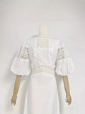 Plataz Australian Round Neck Lantern Sleeve Short Sleeve Water-Soluble Lace Splicing Holiday Style Temperament White Dress Dress