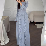 Plataz Summer New Splicing Lace Solid-Colored Collar Repair Horn Sleeve Long Skirt