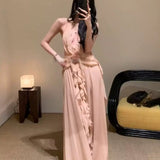 Plataz Sleeveless V-Necked Neck Dress With Wooden Ears Exposed Back Long Dress Beach Beach Seaside Holiday Dress