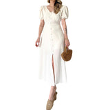 Plataz Women's Summer French V-Neck Bubble Bubble Sleeve High Waist Open Temperament With Long Dress