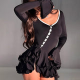 Plataz New Hot Horn Sleeves To Close The Waist Short Dress Sexy Hottie Single Buckle Dress Woman HZ0628