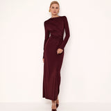 Plataz Women's Pure Color Waist Shrink Folding Long Sleeves Elegant Long Dress DJPT