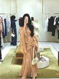 Plataz Cooked Wind Kaqi Color Lotus Leaf Side Horn Sleeve Topsuit 2024 Autumn New Temperament Drag Floor Skirt
