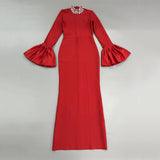 Plataz Collar Horn Sleeve Nail Beads With Bandiding Banquet Temperament Elegant Dress Dress