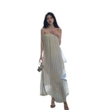 Plataz Beach Dress Seaside Tourism Vacation Chiffon Long Dress Folded Loose Sleeveless Slings Dress Dress Woman