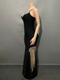 Plataz Hot Sling V-Neck Nail Drill Women's Dress High Open Chain Espootail Banded Evening Dress