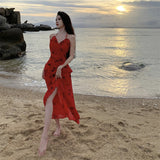 Plataz Dress Red Long V-Neck Hanging Neck Sling Dress Female Summer French Temperament Party Dress