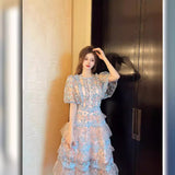 Plataz Summer Collar Splicing Flower Mesh Embroidery Cake Dress Dress