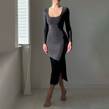 Plataz 2025 New Solid-Color Long-Sleeved Bag-Pupled With Open-Fork Elastic Dress