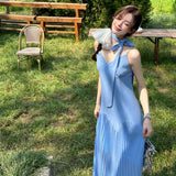 Plataz Sense Irregular Splicing Folds A Long Dress Summer French Waist Big Skirt V Tie Hanging Dress Woman