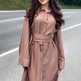 Plataz Summer New French Collar Temperament Waist Solid-Colored Cardigan Dress