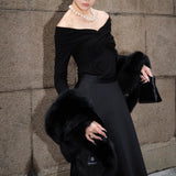 Plataz Zhao Sanguan 2024 New One-Word Shoulder Elastic Wrinkled Top Elegant Long-Sleeved T-Shirt