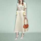 Plataz Elegant Style 2025 Spring New V-Neck Rose High-Waisted Dress Dress Dress Woman