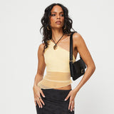 Plataz Women's Summer 2024 New Solid Color Asymmetric Mesh Perspective T-Up DJPT