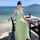 Plataz Fragmented Hanging Neck Dress Spring And Summer Holiday Wind Pure Lusty Folding V-Neck Net Yarn Long Dress Girl