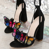 Plataz Heels Embroidered Three-Dimensional Velvet Bow Sandals Straps Thick Heel Sexy High Heel Women's Sandals High Quality Shoes