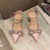 Plataz Sandals 2025 Spring Lady Water Diamond Bow Women's Shoes Fine Heel Head French Beauty Sandals High Quality Shoes