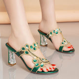 Plataz The Summer Of 2025, The New High-Heeled Water-Drilled Sandals Women's Sense Of Fashion Crystal Coarse And Diamond-Strowded Slippers. High Quality Shoes