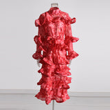 Plataz Court Style 2025 Summer Collar Long Horn Sleeve Design Lotus Side Hem Long Printed Dress