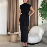 Plataz Fashion Temperament Round-Neck Sleeveless Zipper Repair Waist Open Dress