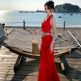 Plataz Style Sexy Hottie Suit Female V-Neck Hanging Neck Sling Vest High-Waisted Long Skirt Two Sets