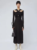 Plataz Knitted Long Dress 2025 Spring Famous Temperament Cross-Toning Knot Hollow Folded Slimming Dress