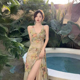 Plataz Floral Sexy Bareback Holiday Sling Dress Fairy Beach Long Dress Summer