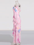 Plataz Colored Sling Skirt 2025 Summer New Fashion V-Neck Sleeveless Print Lotus Leaf-Side Dress Woman