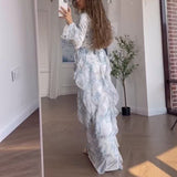 Plataz 2024 New Women's Clothing Dizzened With Broken Lotus Leaves Side Splicing Dress Long Sleeve Long Dress