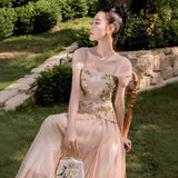 Plataz 2025 Embroidery Three-Dimensional Flower Nail Bead Splicing Mesh Dress With Chest And Fake Two Midskirts
