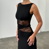 Plataz Women's Solid Color Translucent Hollow Lace Twist Belt Dress DJPT