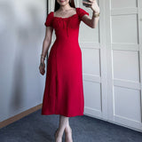 Plataz Women's Summer Collar Bubble Sleeve With High Waist Repair Fork Sexy Long Dress
